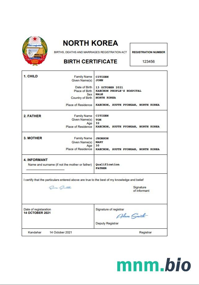 North Korea narodziny certyfikat Word i PDF szablon